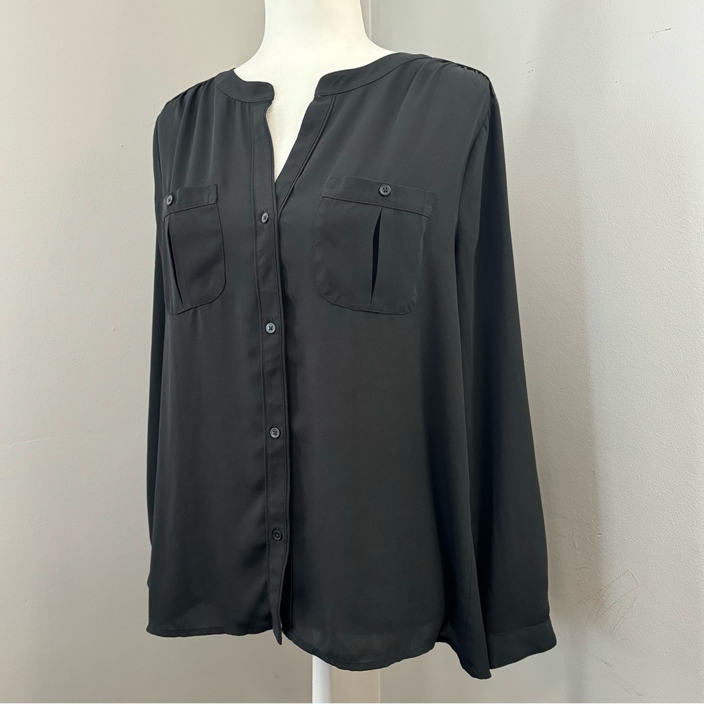 Women’s Loft Sheer Long Sleeve Button Up Top Size Large Petite Black Split Neck